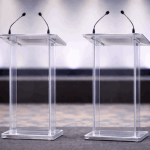digital lectern with speaker name and session title
